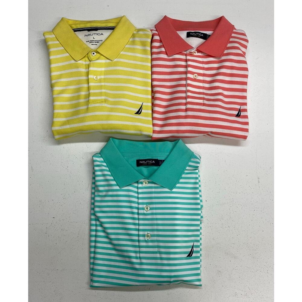 Bundle Lot of 3 Nautica Performance Deck stripe short sleeve polo shirts L